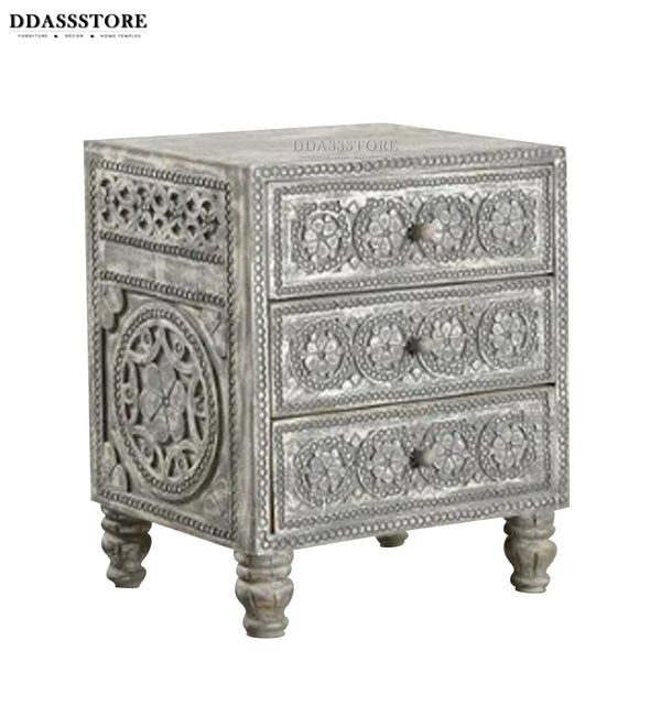Rustic Grey Solid wood HandCarved Bedside Table for Bed - D'DASS Store