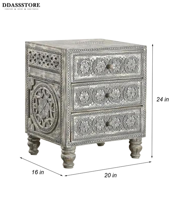 Rustic Grey Solid wood HandCarved Bedside Table for Bed - D'DASS Store