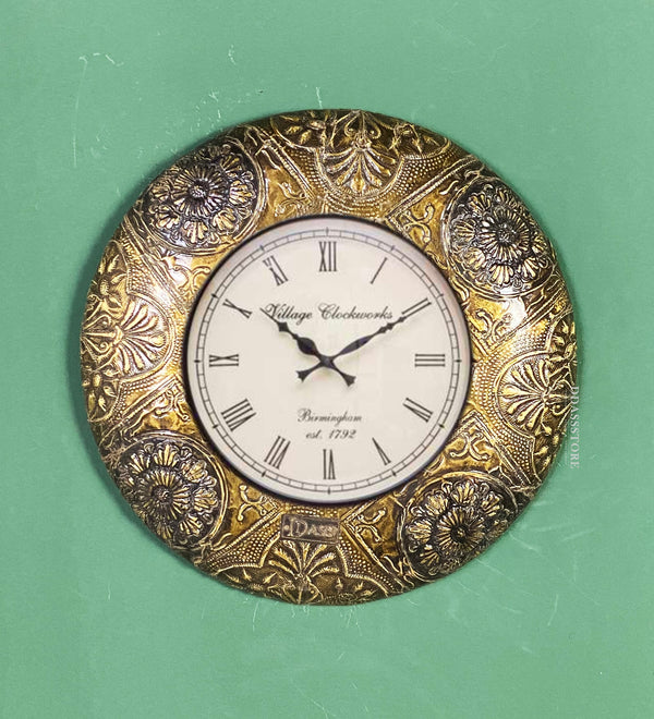 12" Decorative Ethnic Antique Brass Wall Clock for Home | Anniversary Gift