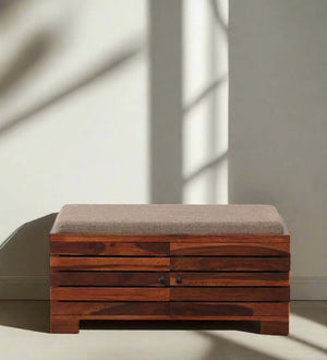 AmberWood Rest Sheesham Wood Shoe Rack In Scratch Resistant Honey Oak Finish With Beige Cushion