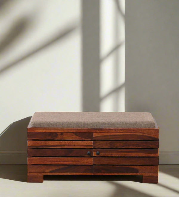 AmberWood Rest Sheesham Wood Shoe Rack In Scratch Resistant Honey Oak Finish With Beige Cushion - D'DASS Store