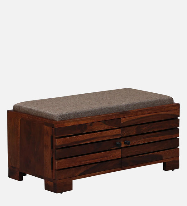 AmberWood Rest Sheesham Wood Shoe Rack In Scratch Resistant Honey Oak Finish With Beige Cushion - D'DASS Store