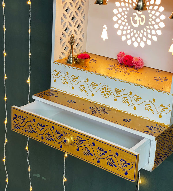 Blue Gold Hand Painted Wooden LED Pooja Mandir - D'DASS Store