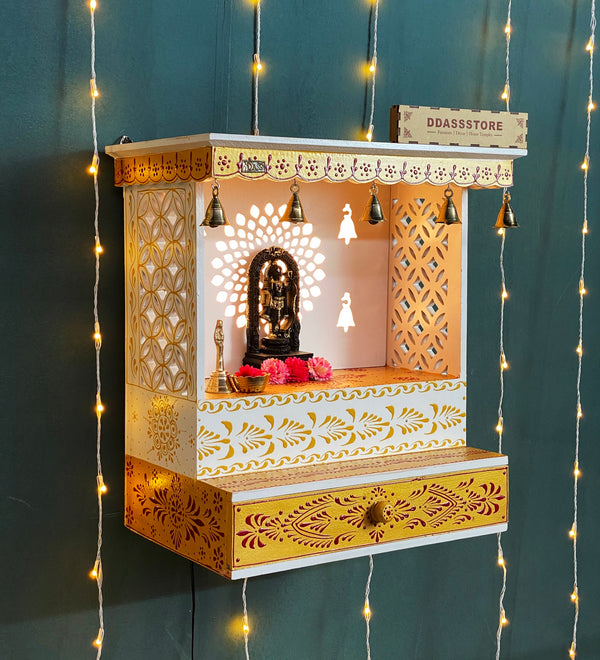 RED Gold Hand Painted Wooden LED Pooja Mandir - D'DASS Store