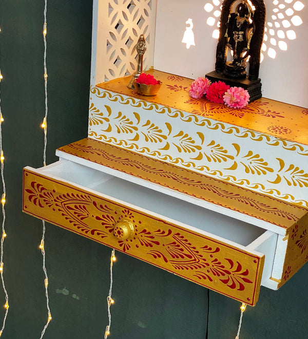 RED Gold Hand Painted Wooden LED Pooja Mandir - D'DASS Store