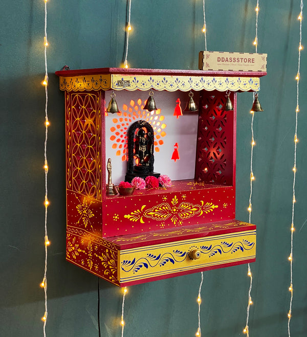 RED Hand Painted Wooden LED Pooja Mandir - D'DASS Store
