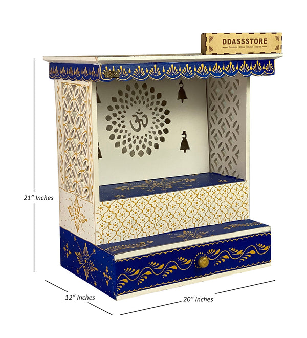 White Blue Hand Painted Wooden LED Pooja Mandir - D'DASS Store