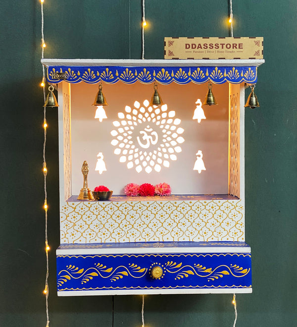 White Blue Hand Painted Wooden LED Pooja Mandir - D'DASS Store
