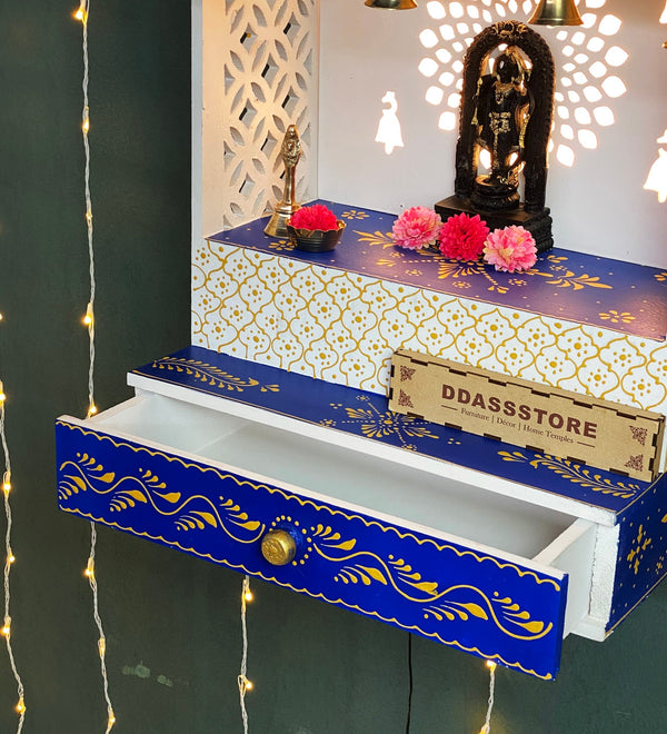 White Blue Hand Painted Wooden LED Pooja Mandir - D'DASS Store