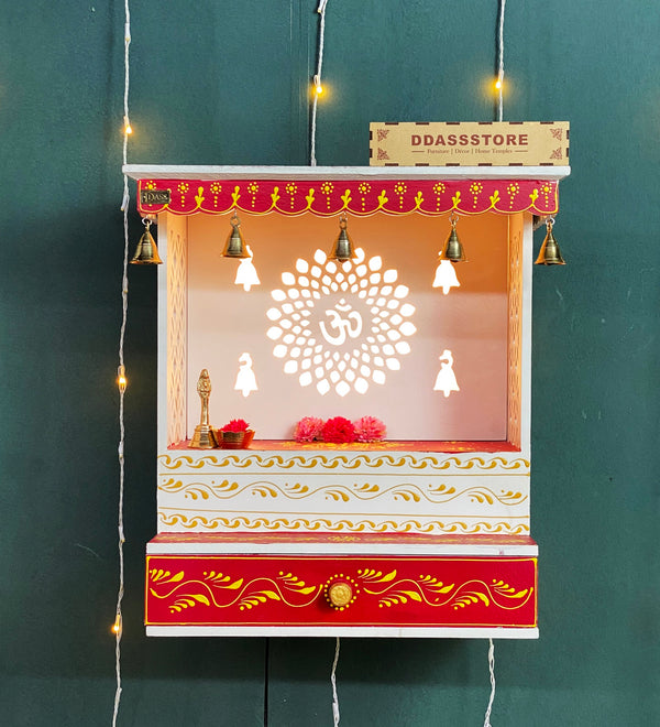 White Red Hand Painted Wooden LED Pooja Mandir - D'DASS Store
