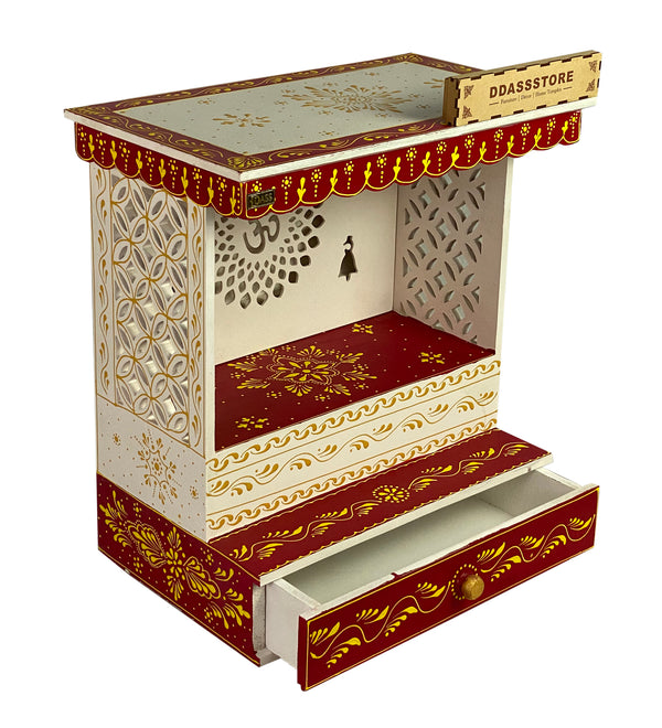 White Red Hand Painted Wooden LED Pooja Mandir - D'DASS Store
