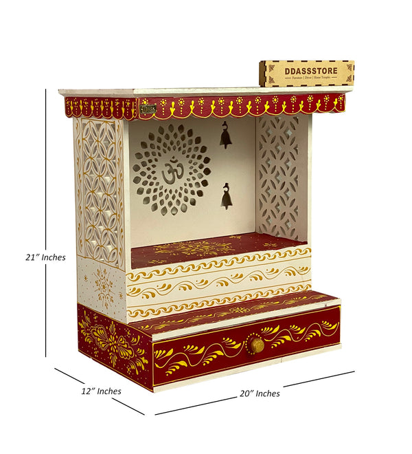 White Red Hand Painted Wooden LED Pooja Mandir - D'DASS Store