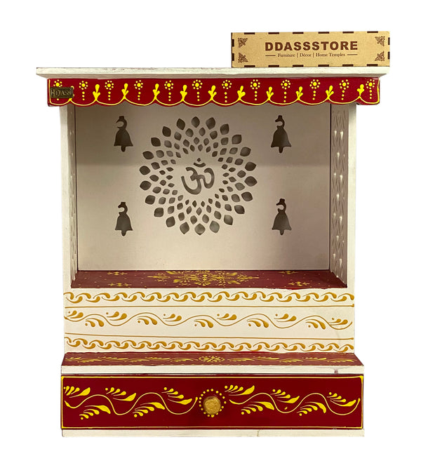 White Red Hand Painted Wooden LED Pooja Mandir - D'DASS Store