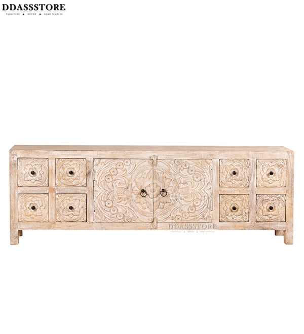 Distressed Rustic Solid wood HandCarved TV cabinet with Storage - D'DASS Store