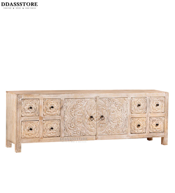 Distressed Rustic Solid wood HandCarved TV cabinet with Storage - D'DASS Store