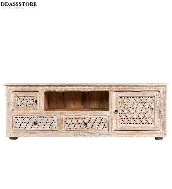 Distressed Rustic Solid wood HandCarved TV cabinet with Storage for Living Room - D'DASS Store
