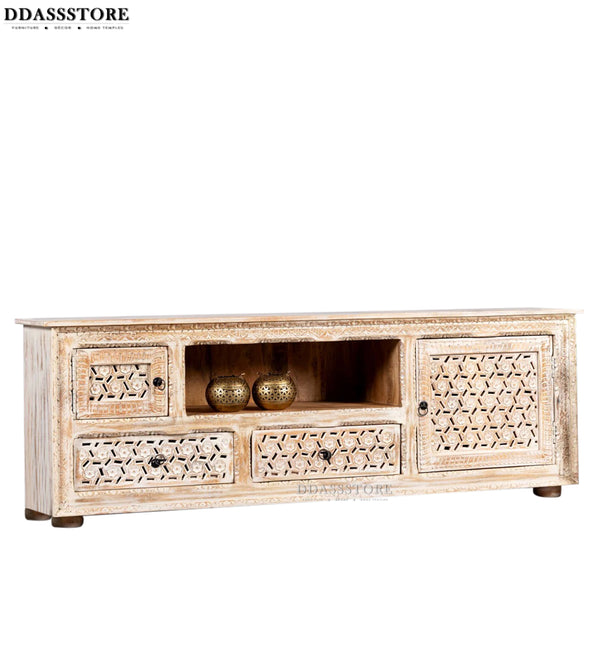Distressed Rustic Solid wood HandCarved TV cabinet with Storage for Living Room - D'DASS Store