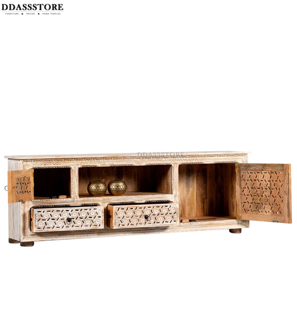 Distressed Rustic Solid wood HandCarved TV cabinet with Storage for Living Room - D'DASS Store
