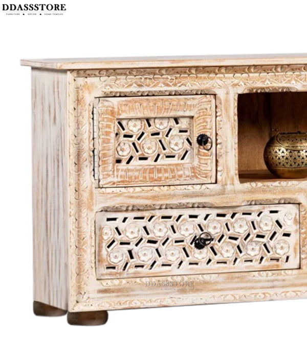 Distressed Rustic Solid wood HandCarved TV cabinet with Storage for Living Room - D'DASS Store