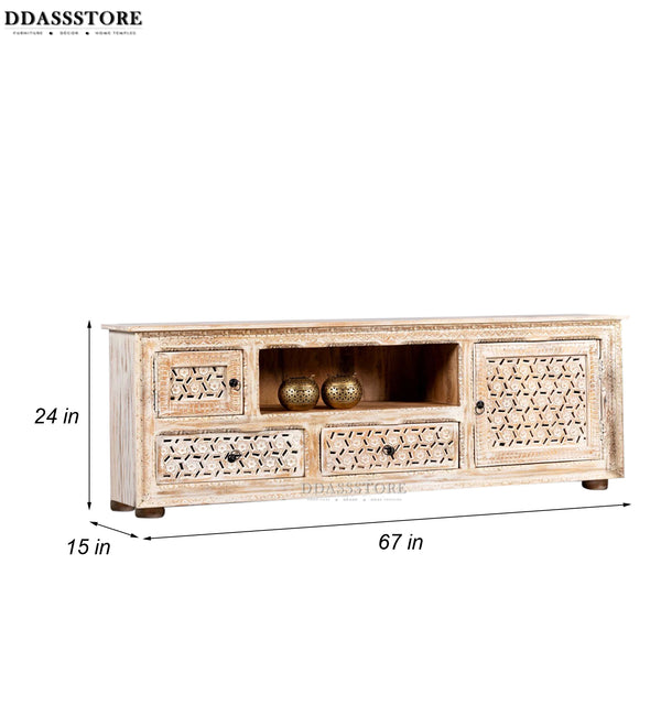 Distressed Rustic Solid wood HandCarved TV cabinet with Storage for Living Room - D'DASS Store