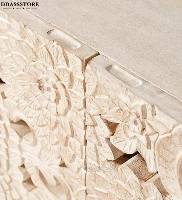 Distressed Natural Solid wood HandCarved TV cabinet with Storage for Living Room - D'DASS Store