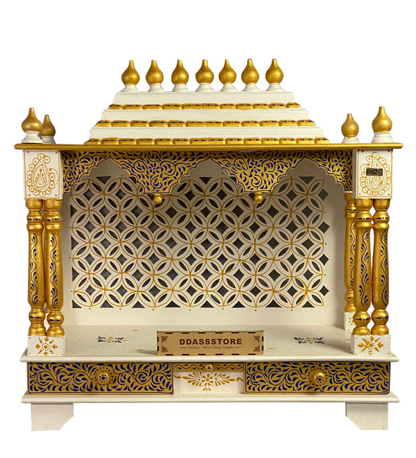 Blue Gold Hand Painted Big Wooden LED Pooja Mandir - D'DASS Store