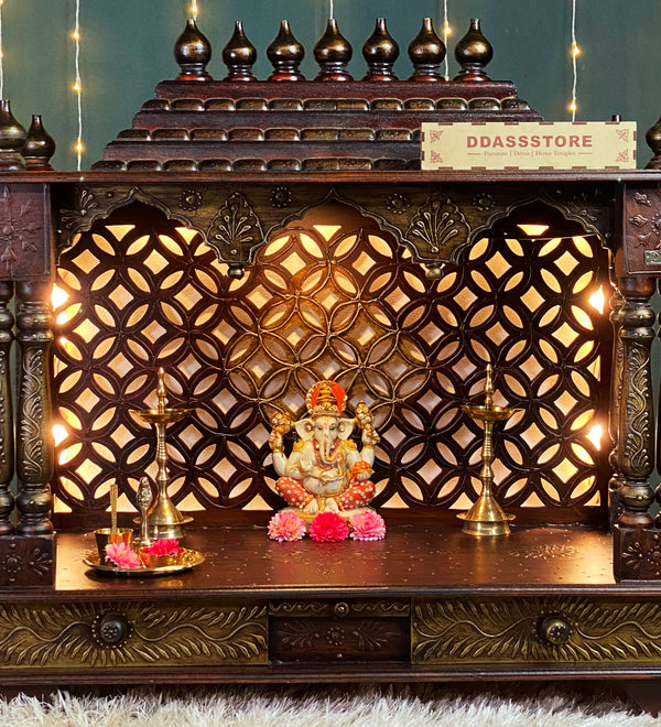 Copper Hand Painted Big Wooden LED Pooja Mandir - D'DASS Store