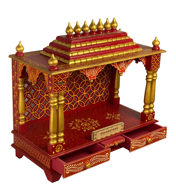 RED Hand Painted Big Wooden LED Pooja Mandir - D'DASS Store