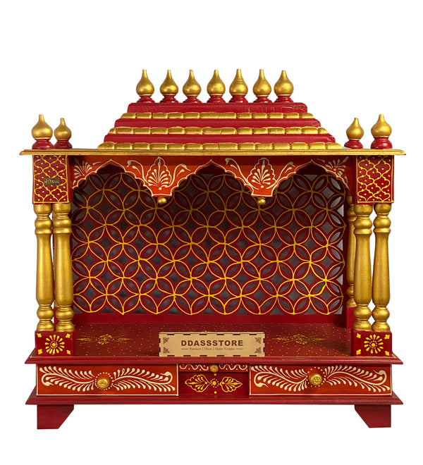 RED Hand Painted Big Wooden LED Pooja Mandir - D'DASS Store