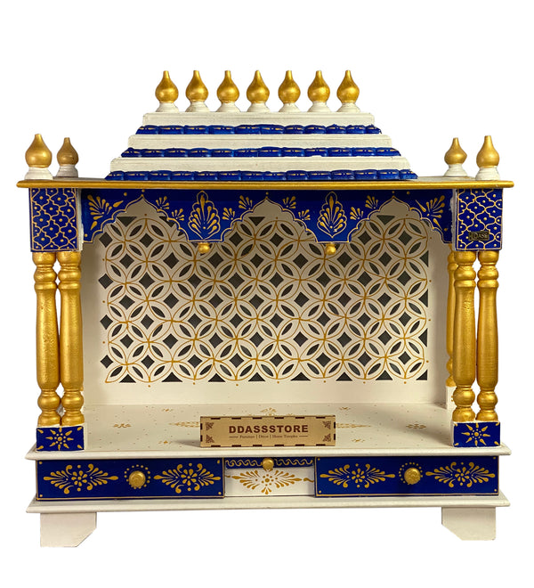 White Blue Hand Painted Big Wooden LED Pooja Mandir - D'DASS Store