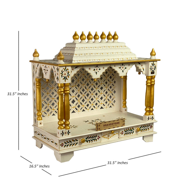 White Hand Painted Big Wooden LED Pooja Mandir - D'DASS Store