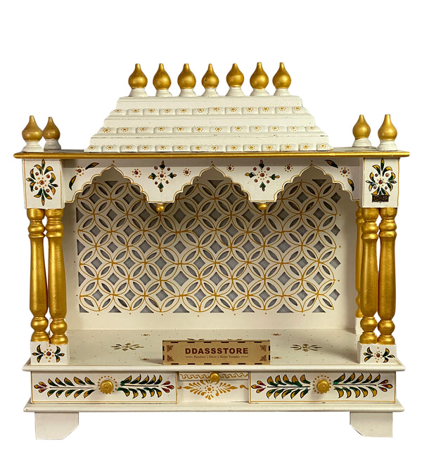 White Hand Painted Big Wooden LED Pooja Mandir - D'DASS Store