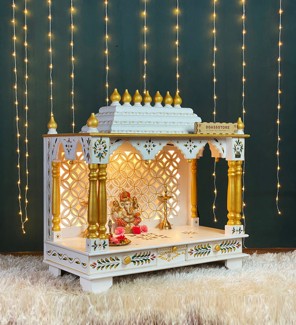 White Hand Painted Big Wooden LED Pooja Mandir - D'DASS Store