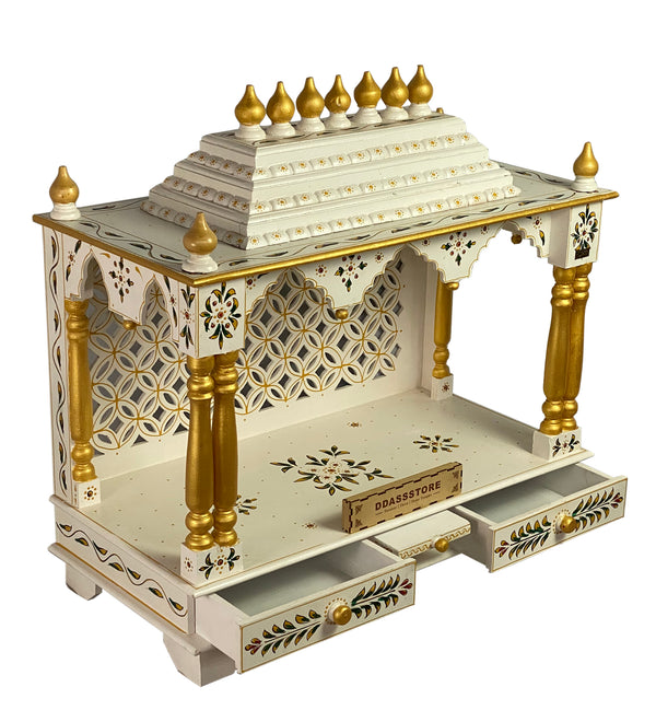 White Hand Painted Big Wooden LED Pooja Mandir - D'DASS Store