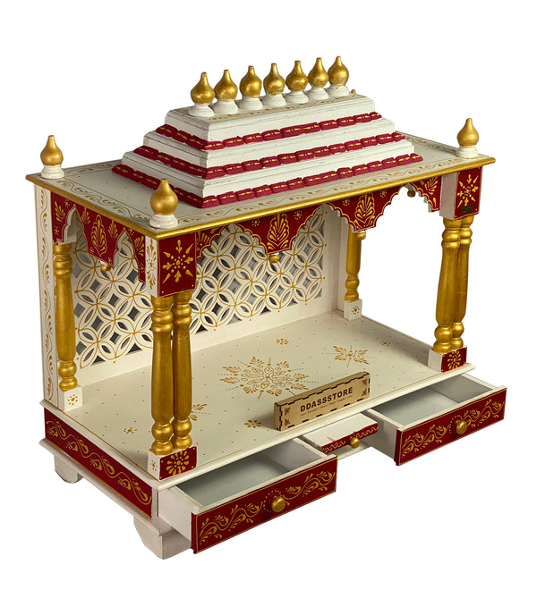 White Red Hand Painted Big Wooden LED Pooja Mandir - D'DASS Store