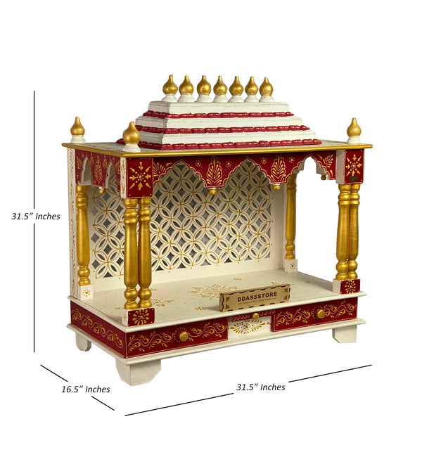 White Red Hand Painted Big Wooden LED Pooja Mandir - D'DASS Store