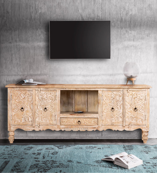 Distressed Rustic Solid wood HandCarved TV cabinet with Storage