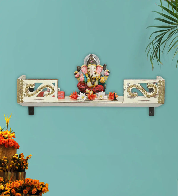 Distressed White Wall Hanging Wooden Home Shelf temple for Pooja