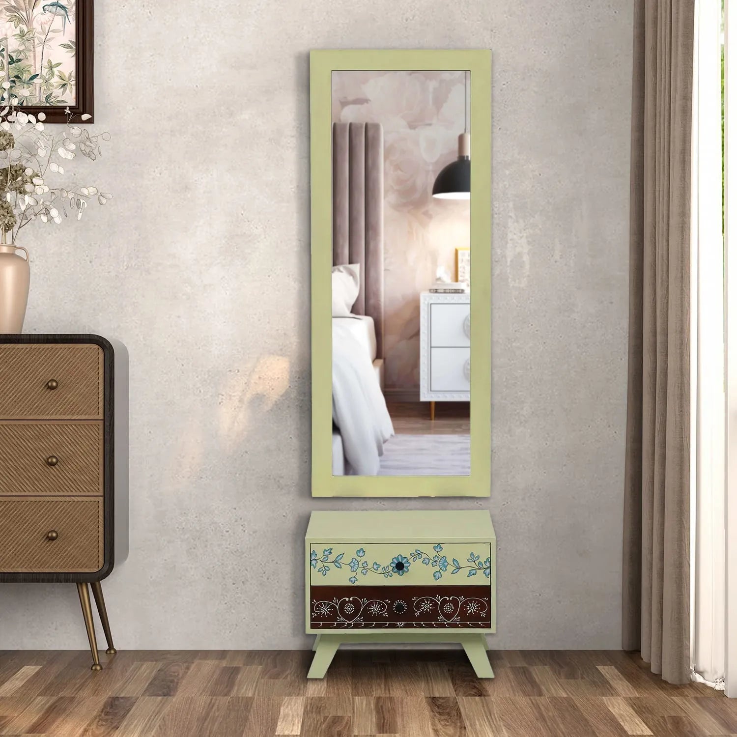 Buy Hand Painted Solid Wood Dresser & Wall Mirror with Storage Cabinet Online at best price Buy Hand Painted Solid Wood Dresser & Wall Mirror with Storage Cabinet Online at best price