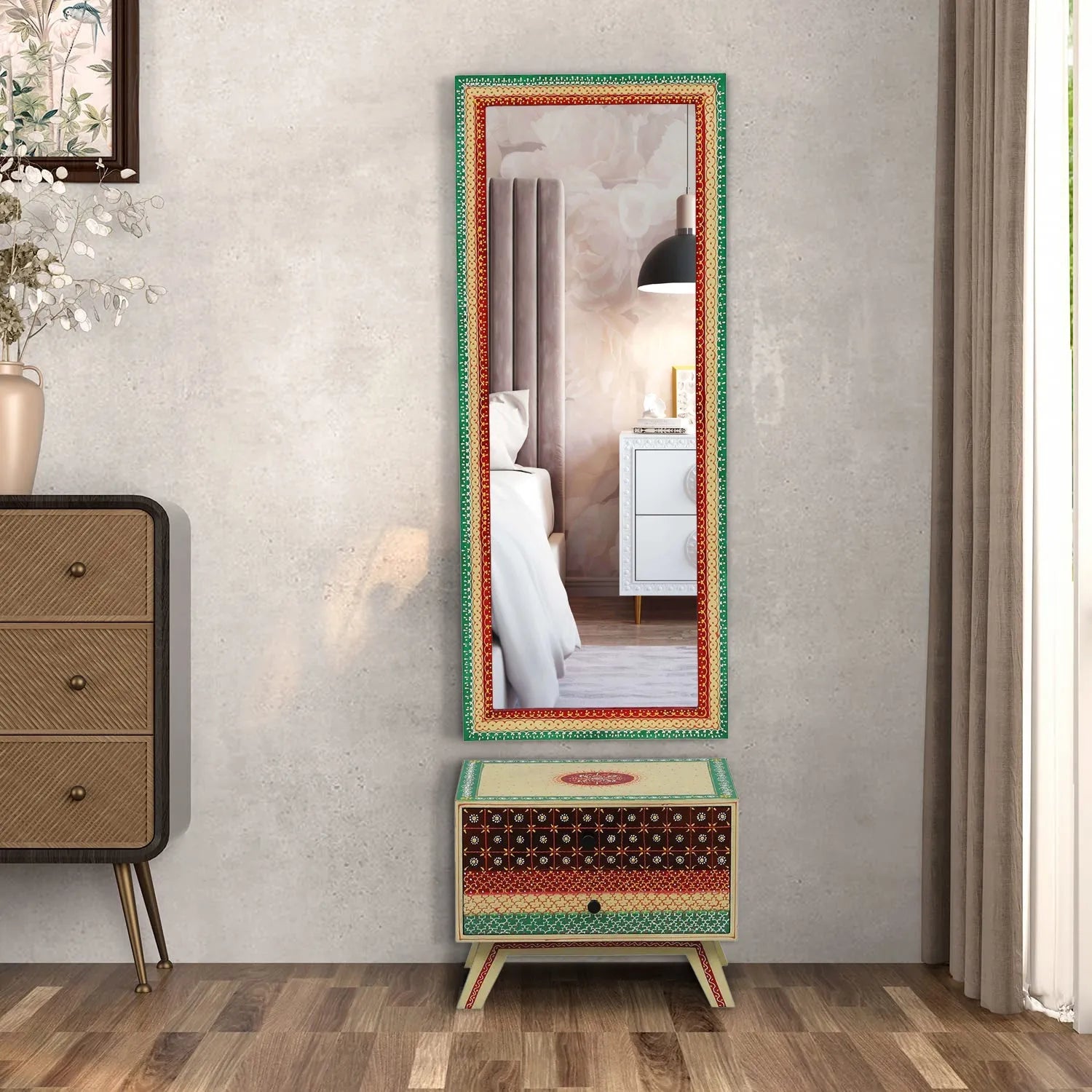 Buy Hand Painted Solid Wood Dresser & Wall Mirror with Storage Cabinet Online at best price Buy Hand Painted Solid Wood Dresser & Wall Mirror with Storage Cabinet Online at best price