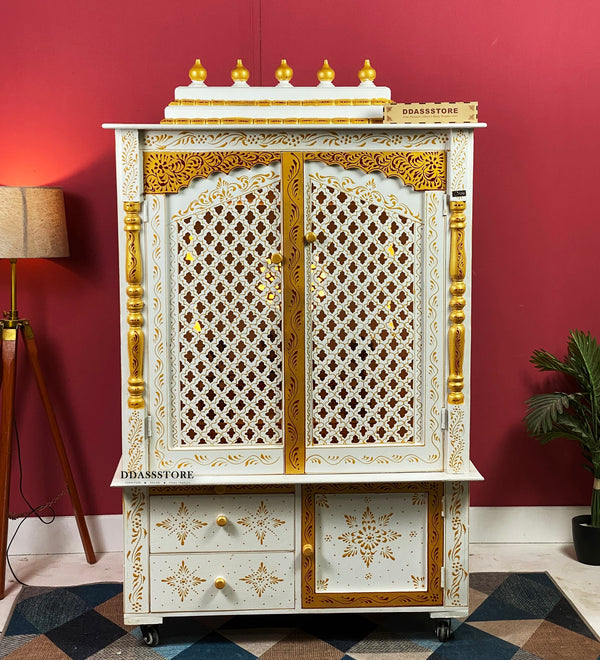 Wooden Home Temple & Puja Mandap with Cabinet Storage | DDASSWT3618_RGD - D'DASS Store