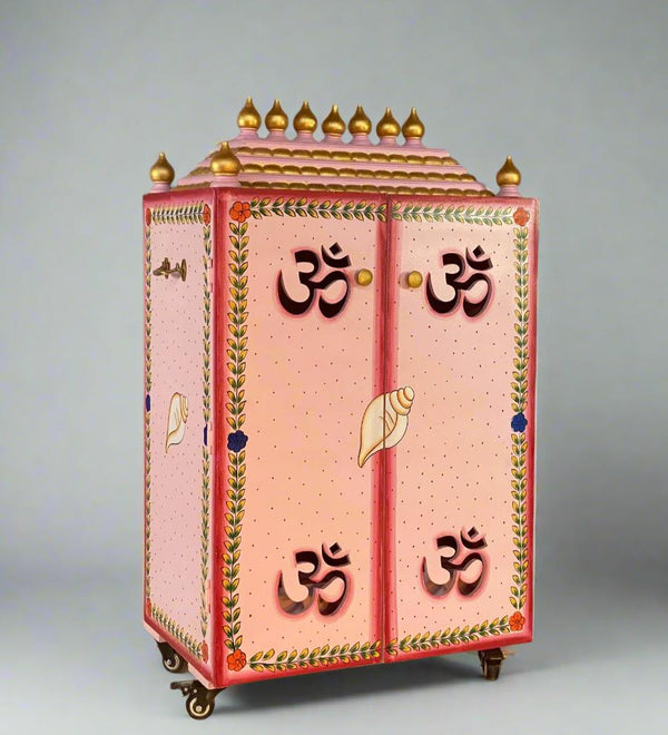 Pink MDF Sheesham Wooden Pooja Cabinet With Gopuram