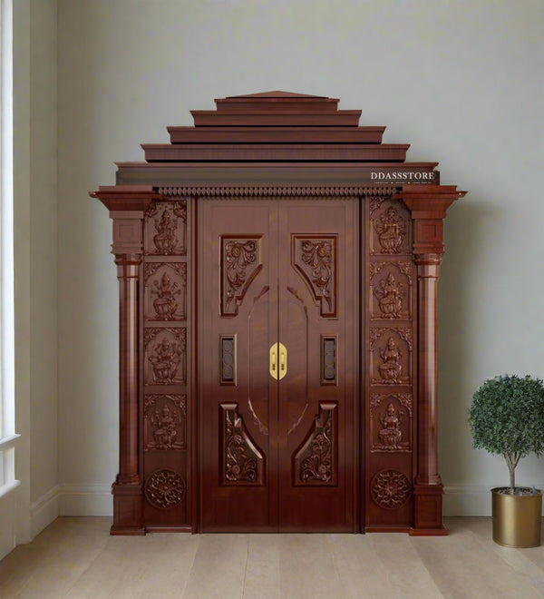 Sri ISKON Solid Wood Pooja Room with Gopuram | DDSRM04 - D'DASS Store