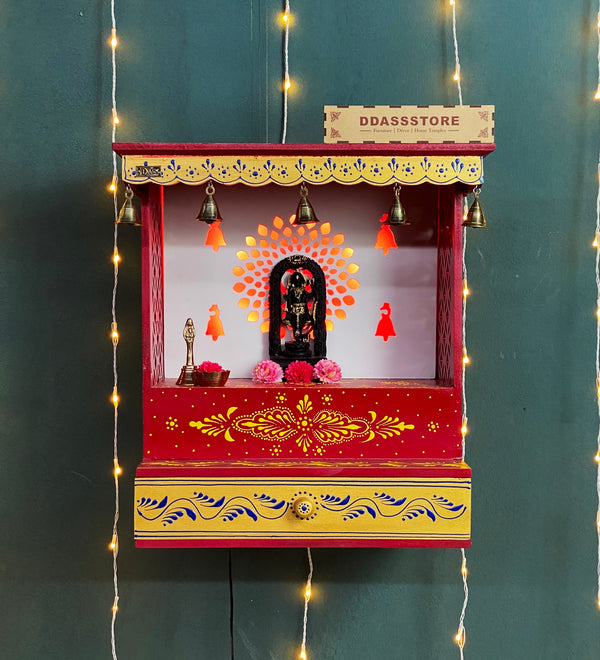 RED Hand Painted Wooden LED Pooja Mandir