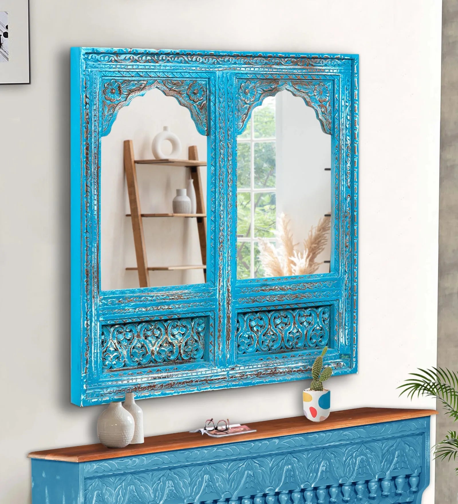 Buy Rustic Blue Wooden Hand Carved Dresser & Wall Mirror Online at best price Buy Rustic Blue Wooden Hand Carved Dresser & Wall Mirror Online at best price