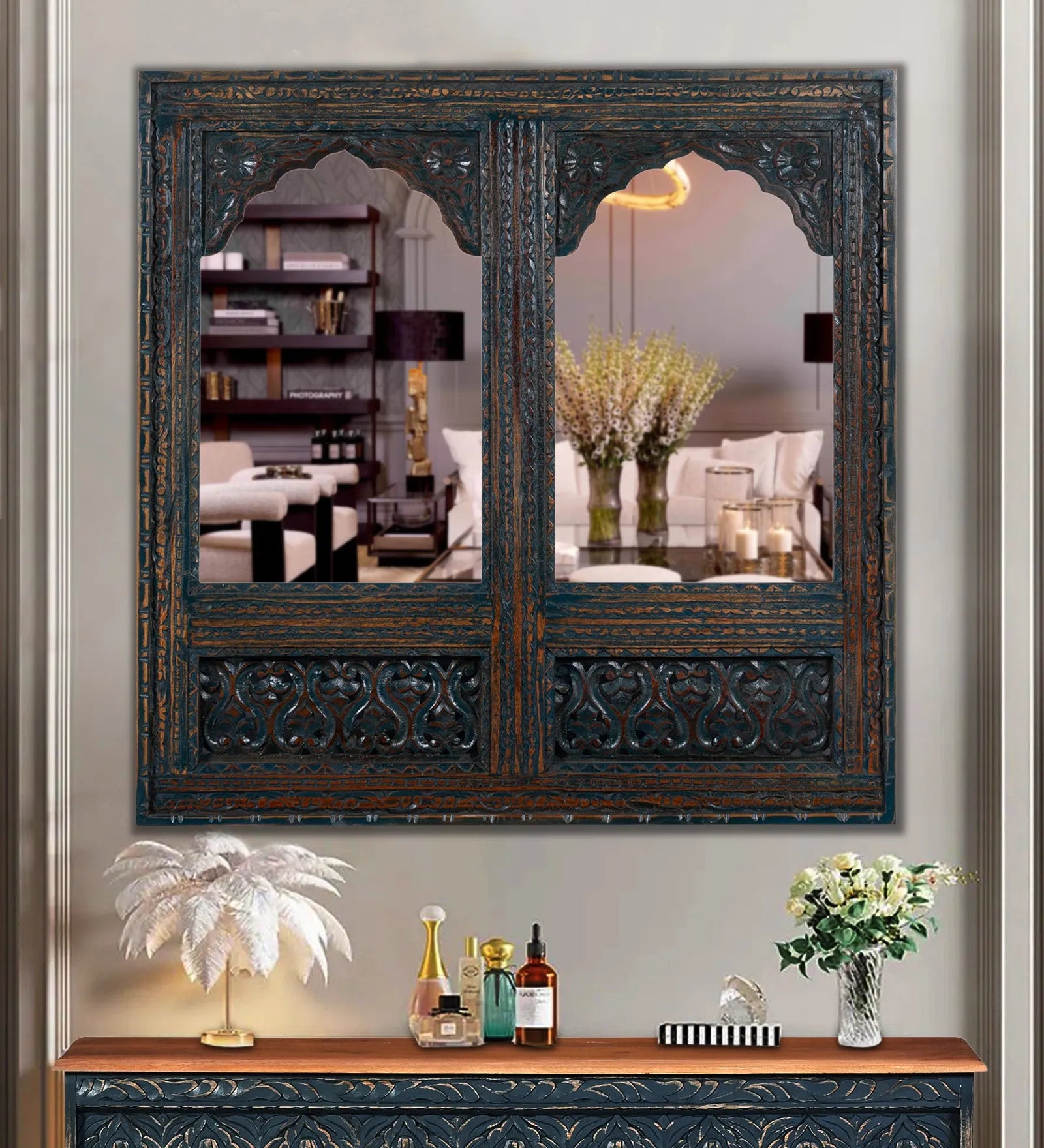 Buy Rustic Walnut Wooden Hand Carved Dresser & Wall Mirror Online at best  price