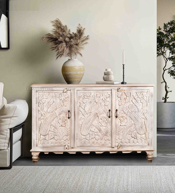 Rustic White Solid wood HandCarved Console & Side Table