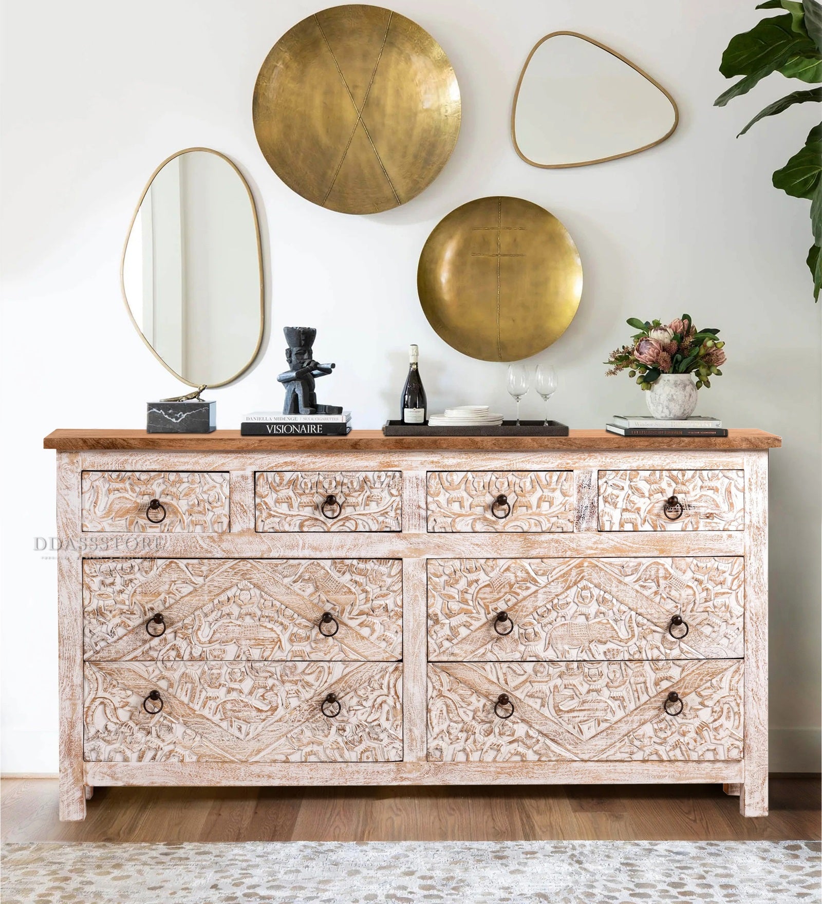 Carved Blanket Chest Made From Painted Teak & Mango Wood