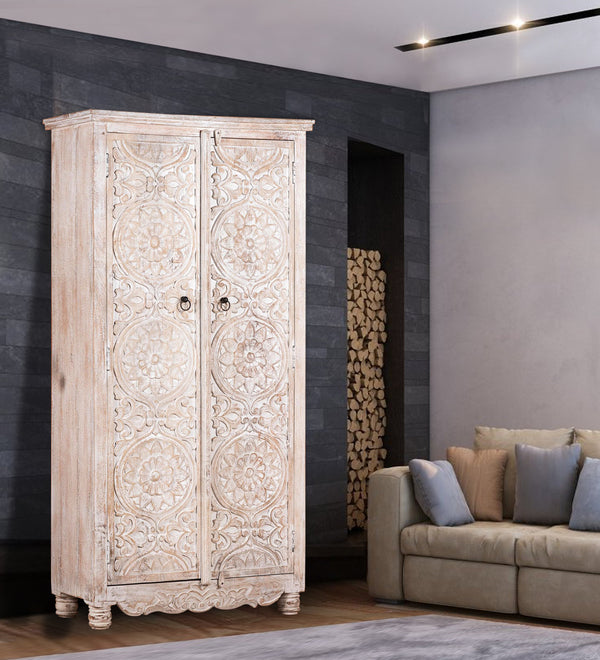 Rustic White Wooden HandCarved Wardrobe & Almirah