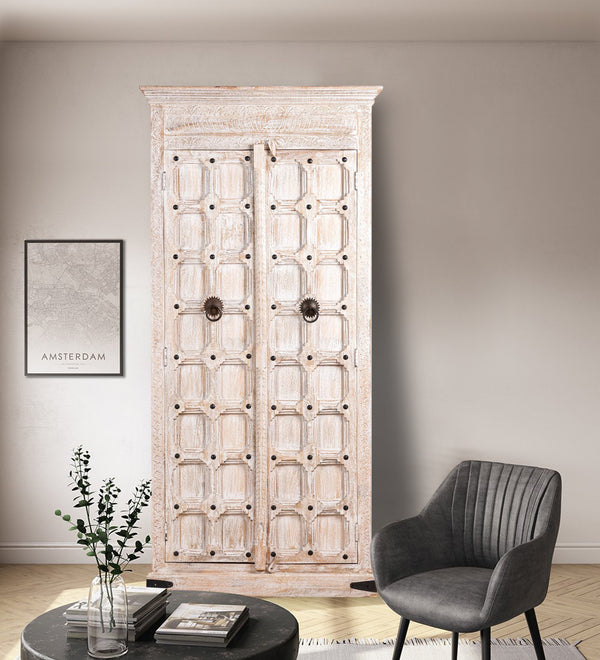 Rustic White Wooden HandCarved Wardrobe & Almirah